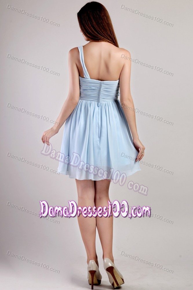 Light Blue One Shoulder Mini-length Dama Dress for Quinceanera