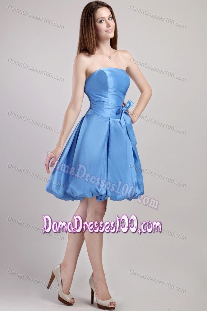New Strapless Puffy Blue Short Quince Dama Dresses with Sash