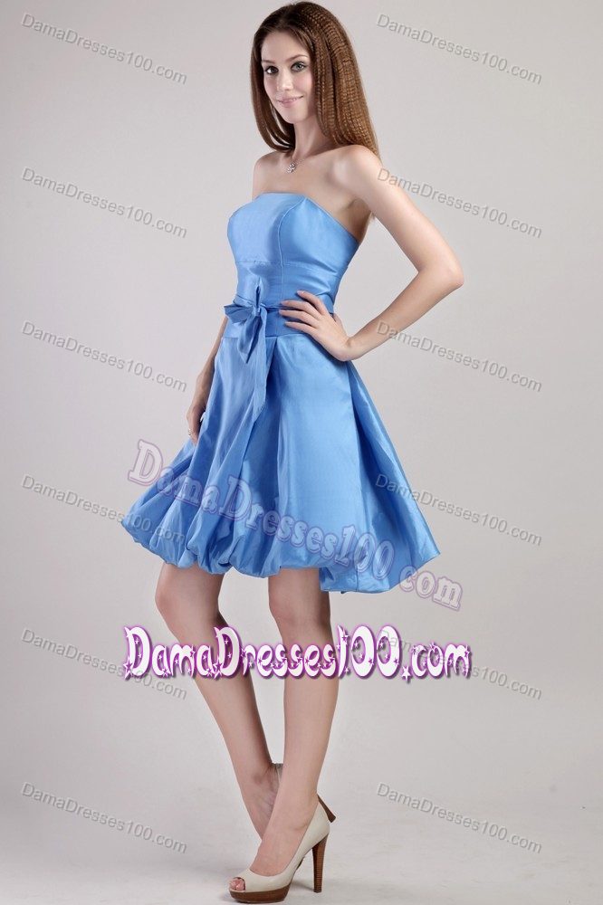 New Strapless Puffy Blue Short Quince Dama Dresses with Sash
