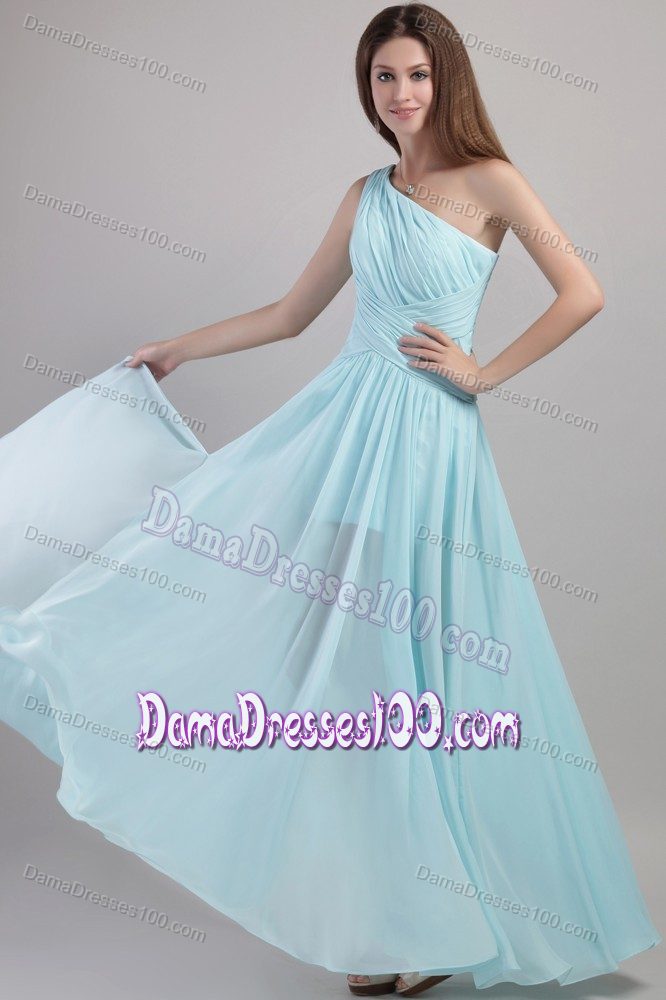 One Shoulder Ruched Long Bridesmaid Dama Dress in Light Blue