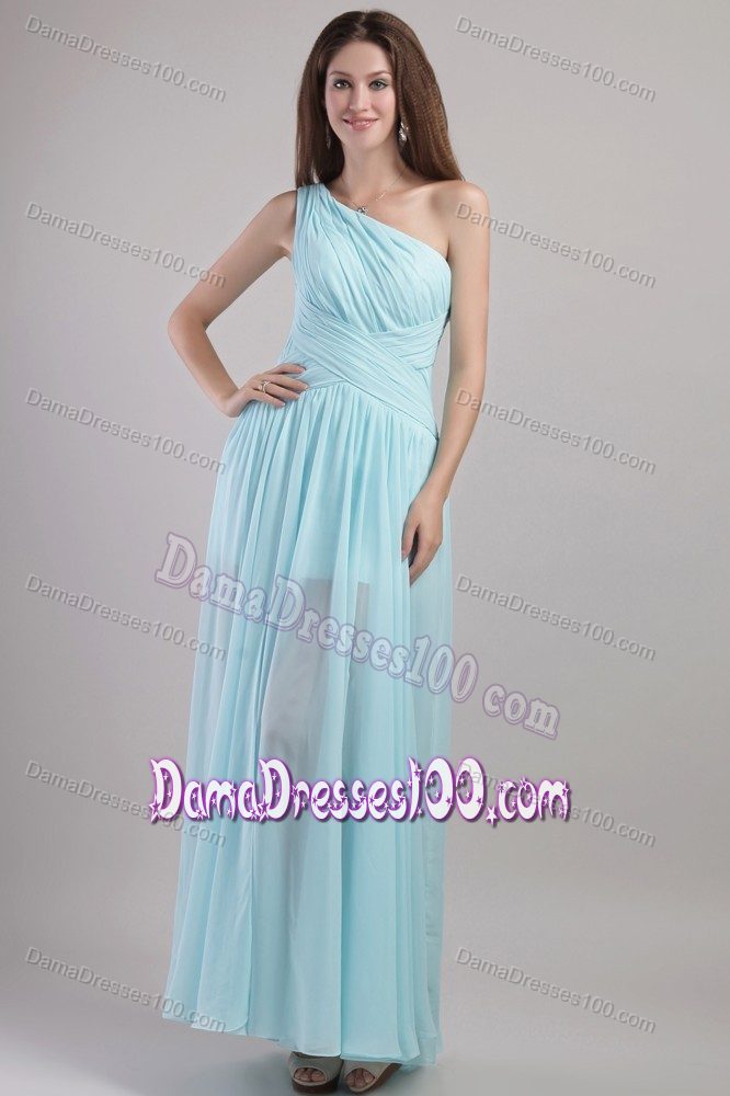 One Shoulder Ruched Long Bridesmaid Dama Dress in Light Blue