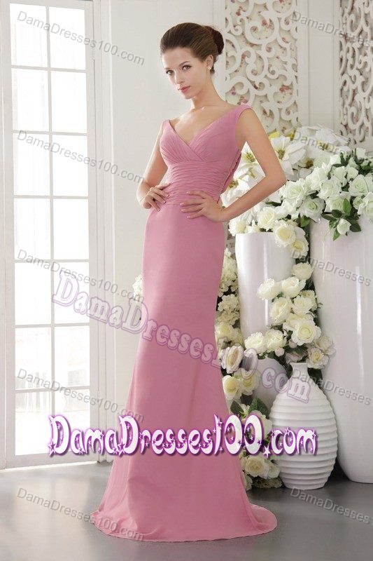 Modernist Baby Pink Long Dama Dress with V-neck Side Zipper
