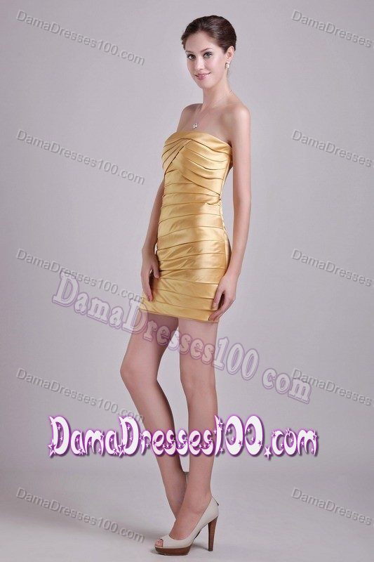 Gold Strapless Short Taffeta Ruched Bridesmaid Dama Dresses
