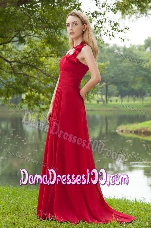Red Halter Chiffon Ruched Dresses For Damas with Brush Train