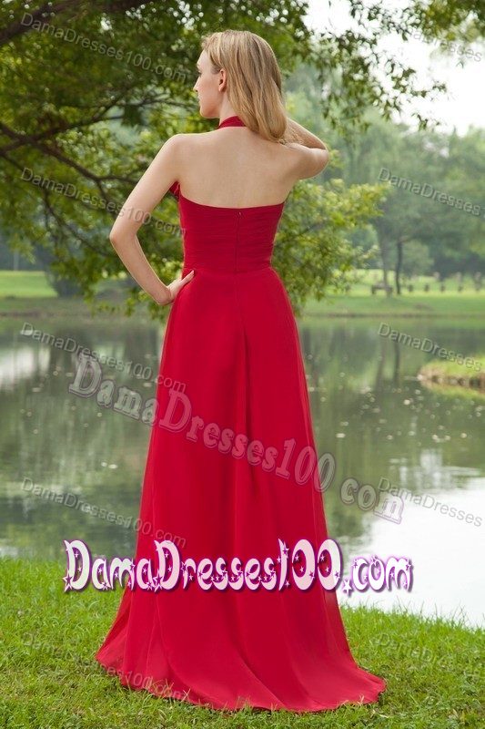 Red Halter Chiffon Ruched Dresses For Damas with Brush Train