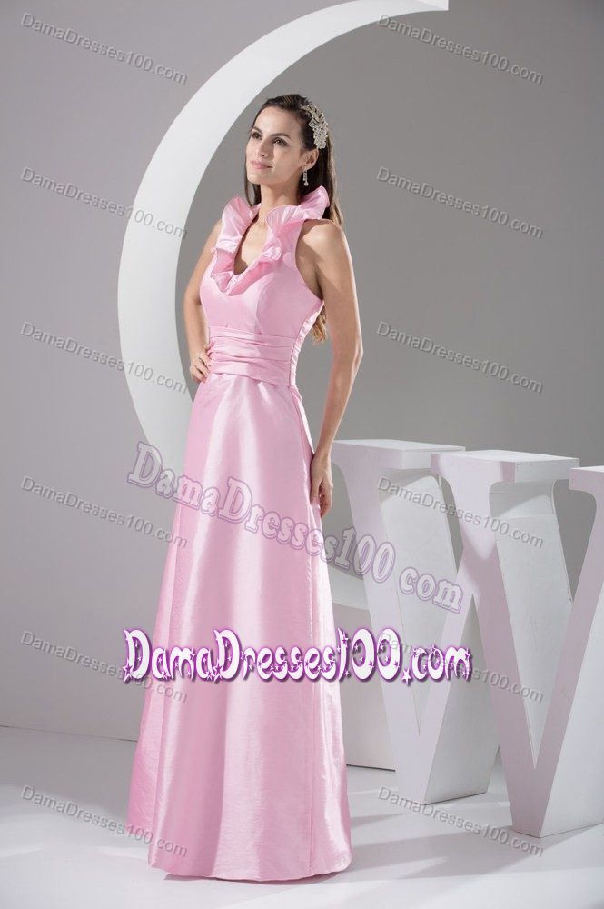 Floor-length Flounced Halter Top Pink Quinceanera Dama Dresses