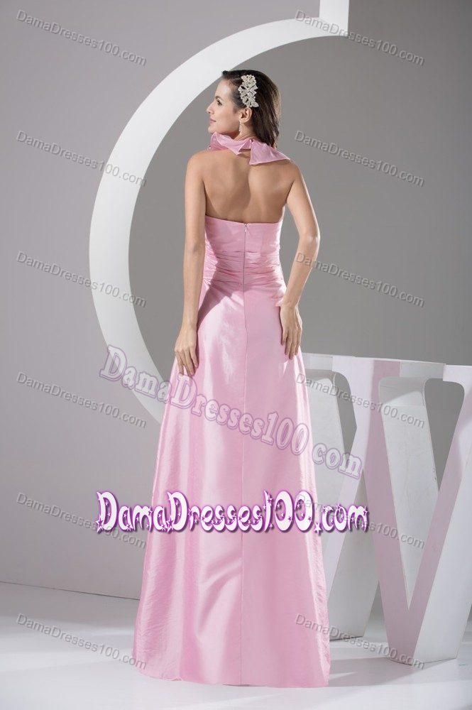 Floor-length Flounced Halter Top Pink Quinceanera Dama Dresses