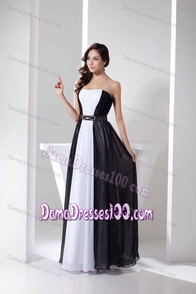 White and Black Strapless Long Dama Dresses with Beaded Belt
