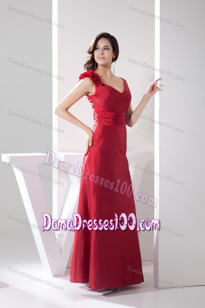 Ankle-length Sheath Dama Dress in Red with Hand Made Flowers