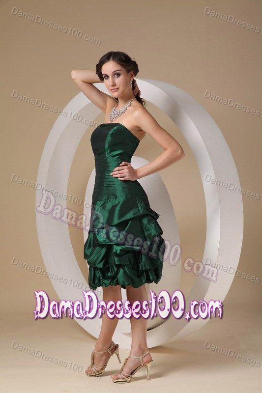 Dark Green Strapless Knee-length Taffeta Dama Dress with Beading