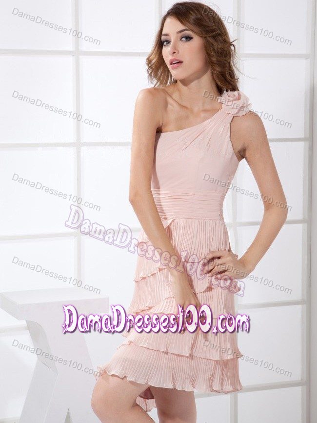 One Shoulder Pleated Pink Dama Dress with Hand Made Flower