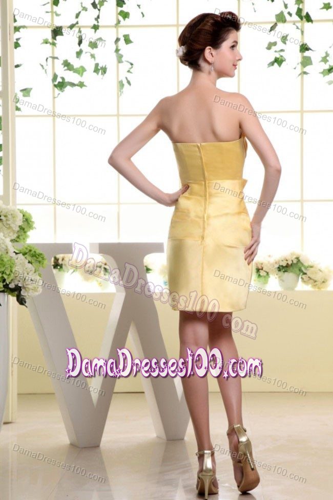 Gold Strapless Mini-length Dama Dress For Quinceaneras with Bow