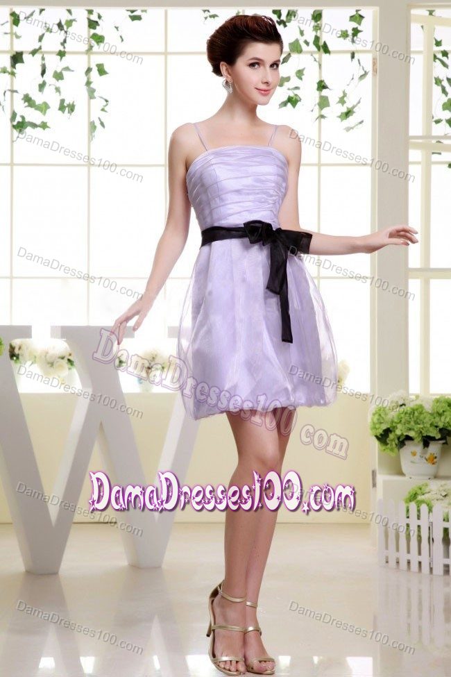 Short Lilac Quince Dama Dresses with Spaghetti Straps and Sash