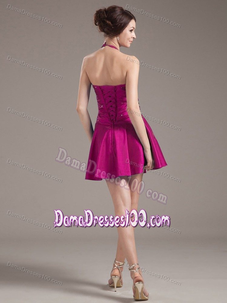 Halter Fuchsia Quinceanera Dama Dresses with Beading and Ruches