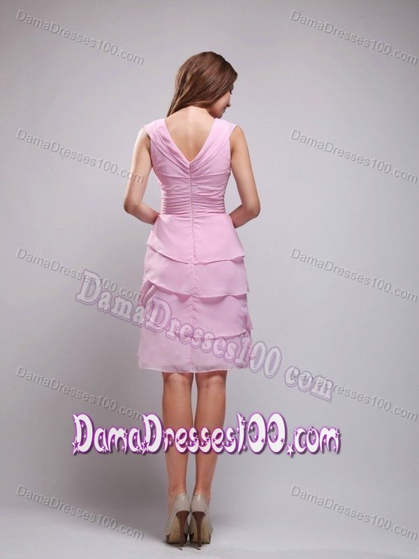 V-neck Chiffon Pink Dama Dress For Quinceaneras with Ruches