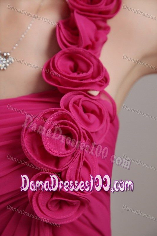 One Shoulder Short Dresses For Damas Hot Pink with Hand Flower
