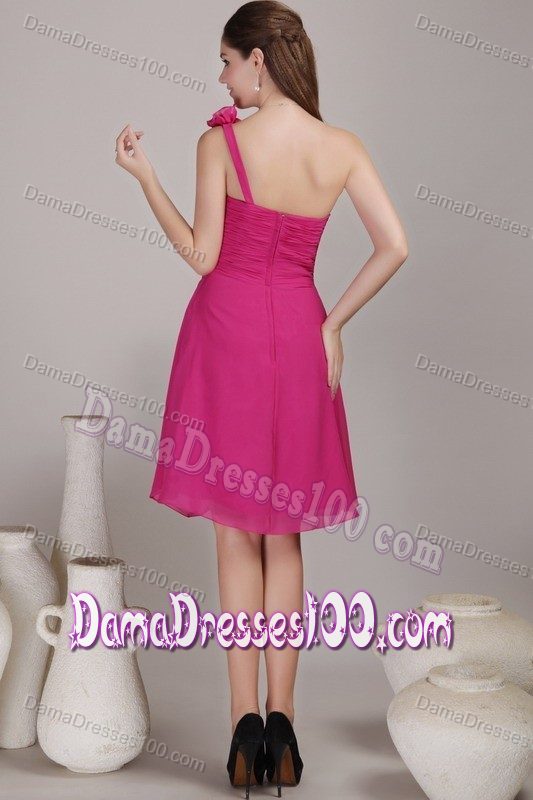 One Shoulder Short Dresses For Damas Hot Pink with Hand Flower