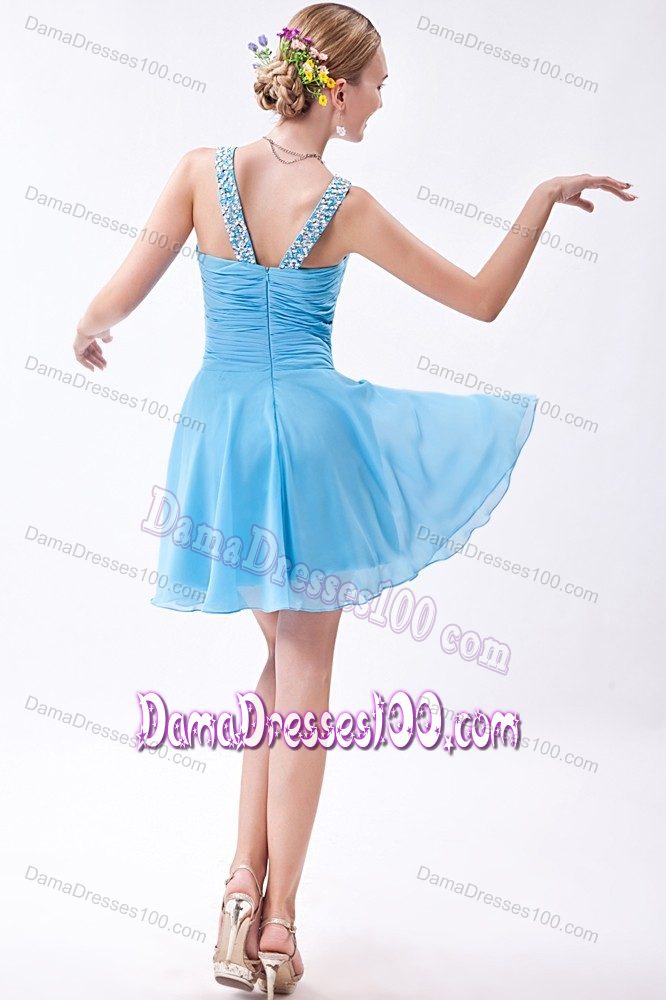 Baby Blue V-neck Party Dama Dresses with Beading in Chiffon