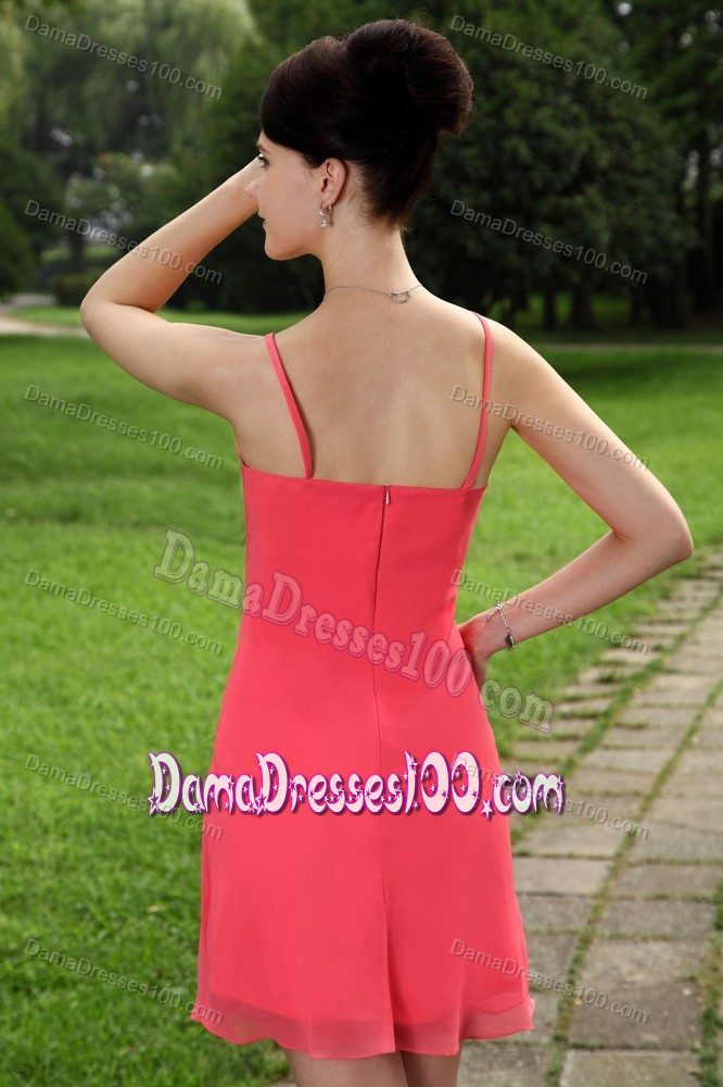 Coral Red Straps Chiffon Mini-length Bridesmaid Dama Dresses
