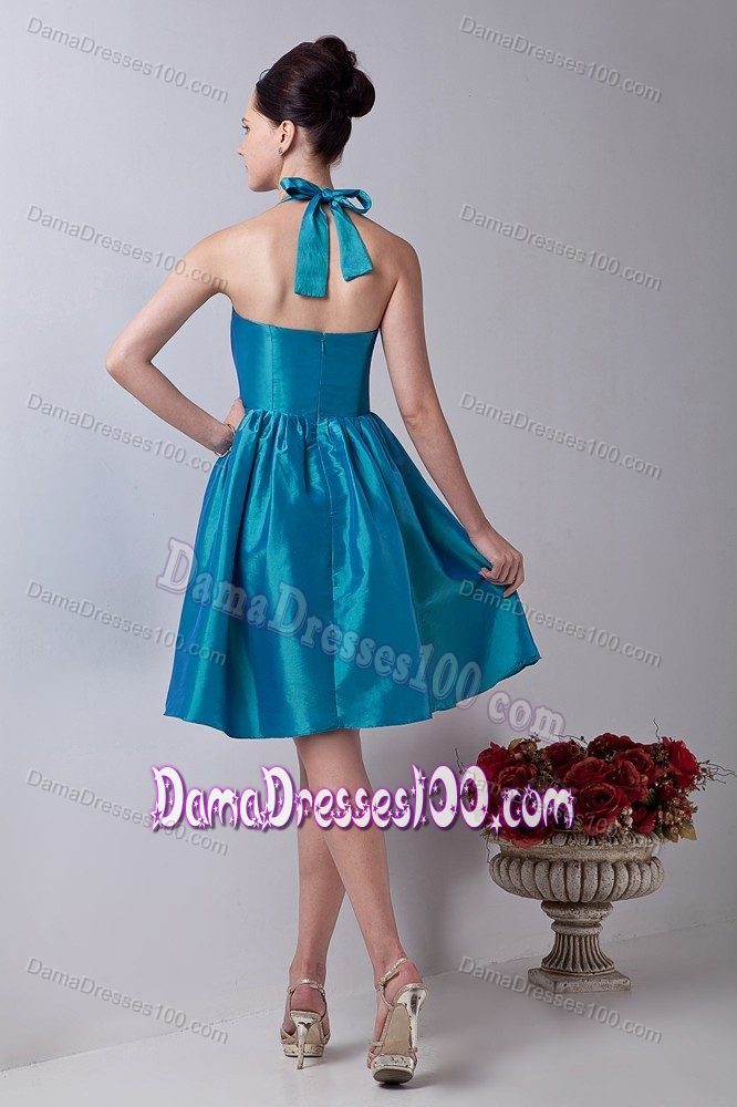 Halter Taffeta Quinceanera Dama Dresses in Teal with Bowknot