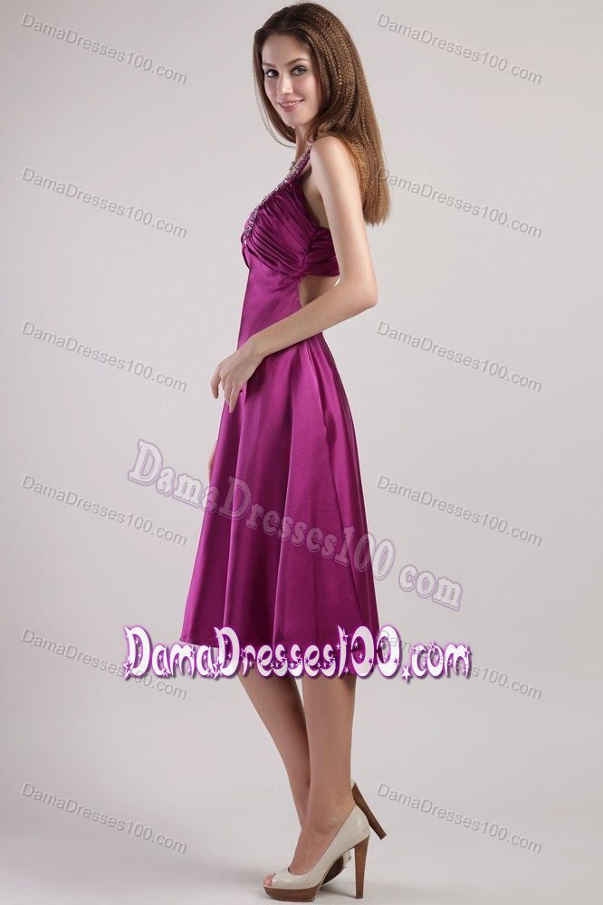 Fuchsia V-neck Short Satin Dama Quinceanera Dresses with Beading