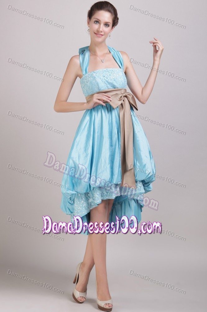Halter High-low Quince Dama Dresses with Appliques and Bowknot
