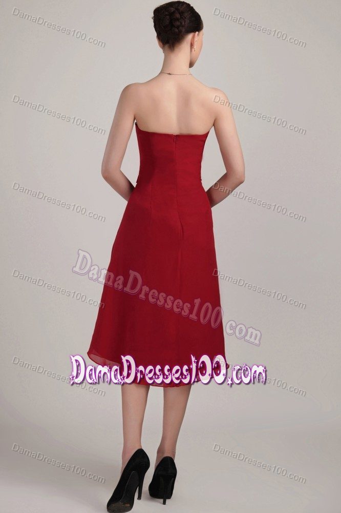 Wine Red Strapless Short Dama Dress For Quinceaneras in Chiffon