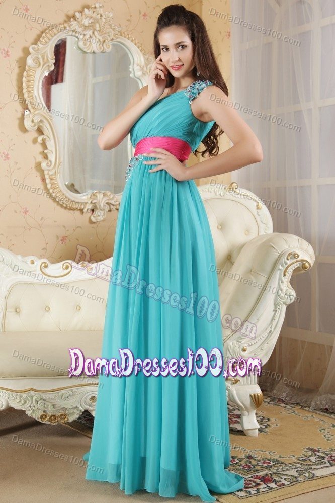 One Shoulder Teal Quince Dama Dresses with Ruches and Beading
