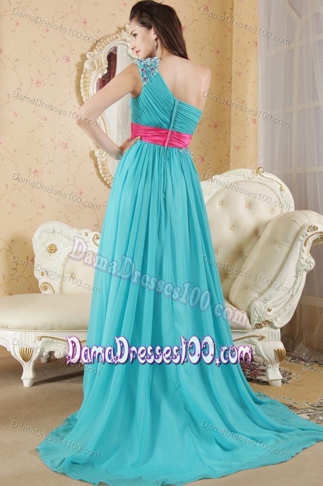One Shoulder Teal Quince Dama Dresses with Ruches and Beading