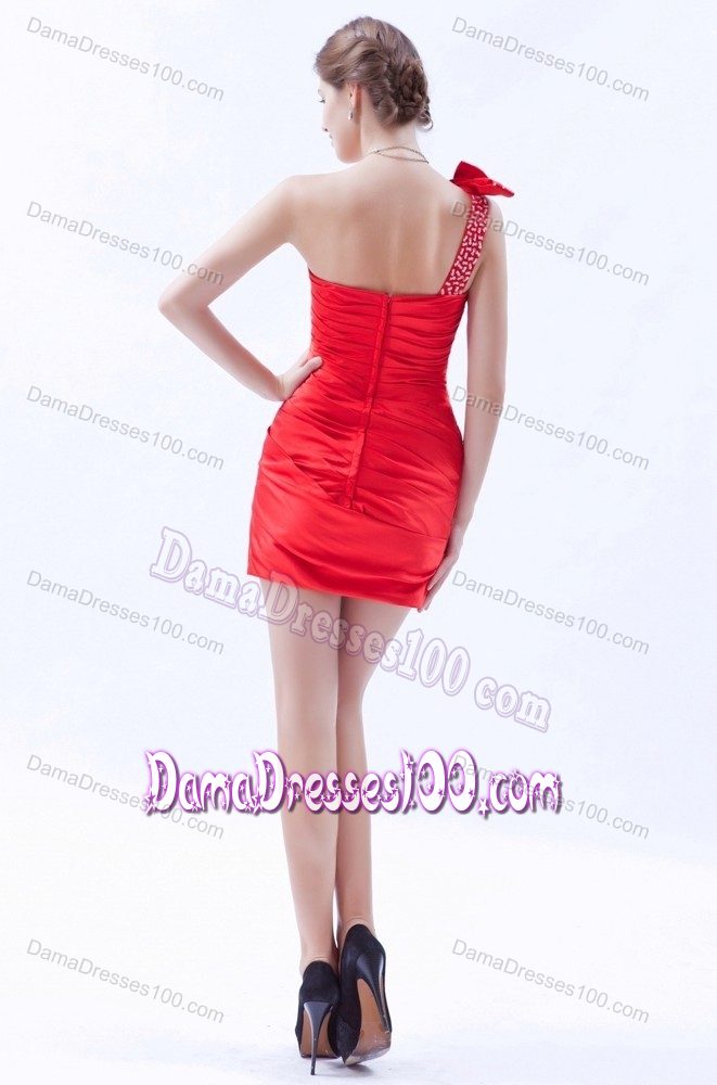One Shoulder Red Dama Dress For Quinceaneras Satin with Bow