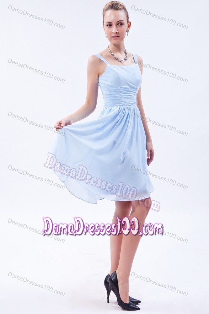 Straps Knee-length Ruched Prom Dresses For Dama in Baby Blue