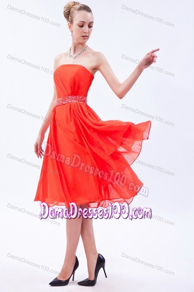 Strapless Dama Dress For Quinceaneras Chiffon with Beading in Red