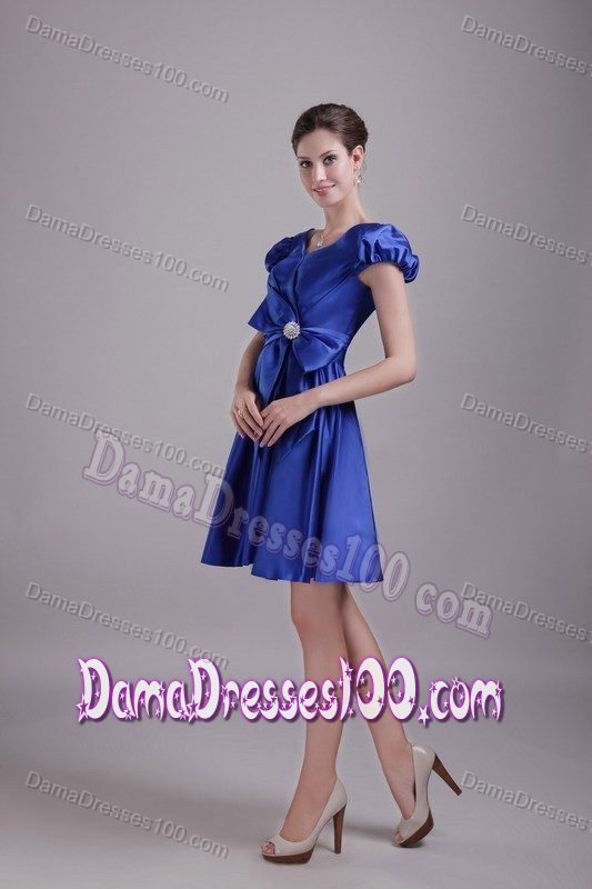 V-neck Short 15 Dresses For Damas in Blue Taffeta with Beading