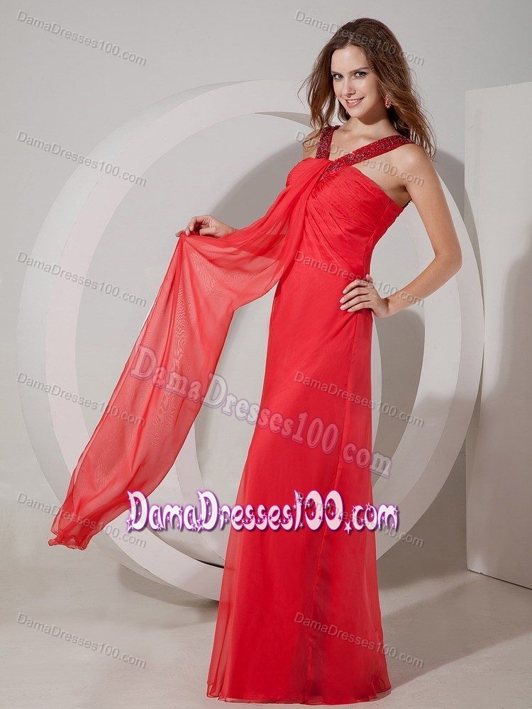 Red V-neck Chiffon Dama Dress For Quinceaneras with Beading