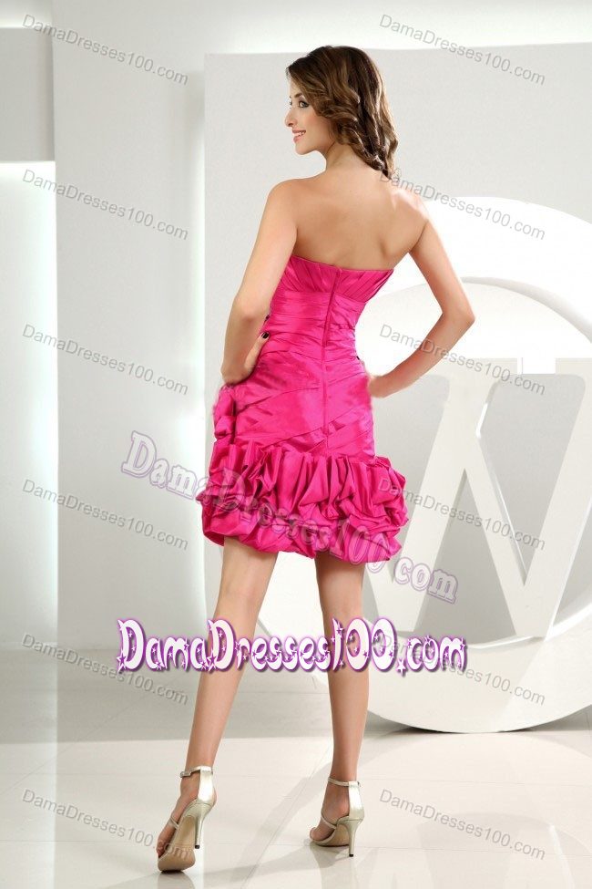 Ruffled Sweetheart Ruched Hot Pink Dama Dress with Pick-ups