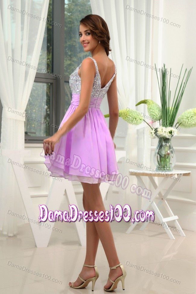 Mini-length A-Line Lavender Prom Dresses For Dama with Beading