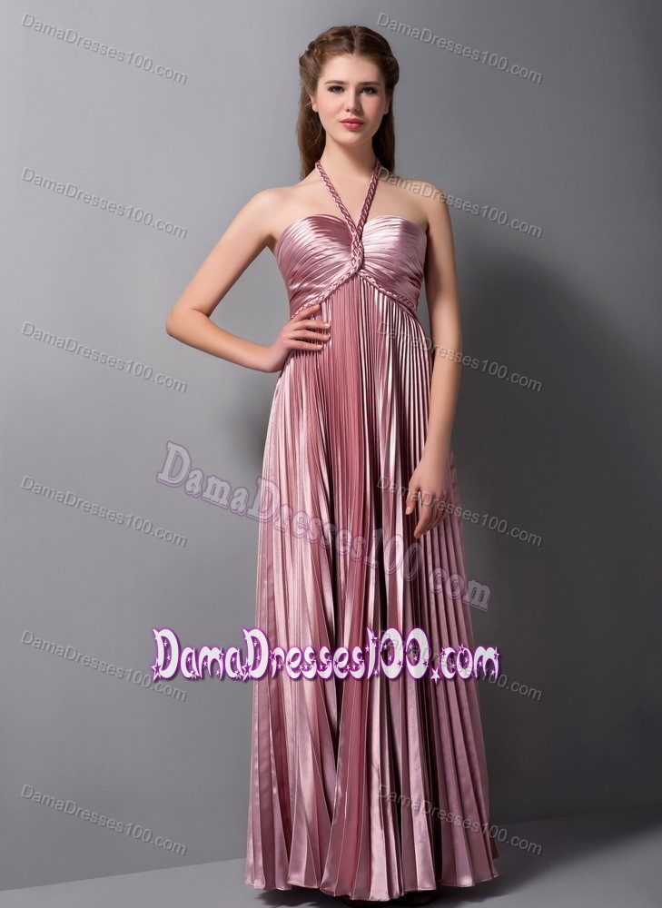 Gorgeous Halter Pleated Long Pink Dama Dress For Quinceaneras