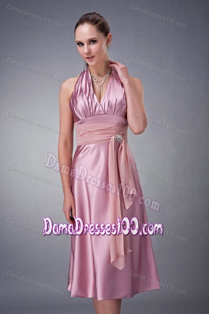 Halter Tea-length Beaded Lavender Quince Dama Dresses with Sash