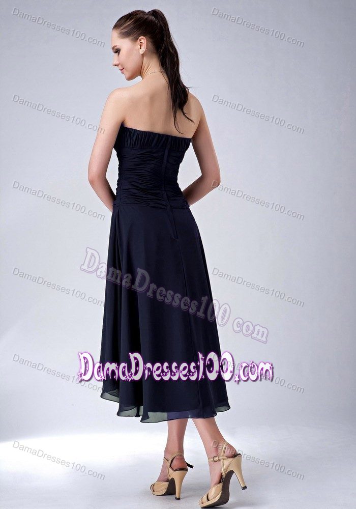 Strapless High-low Ruched Dama Quinceanera Dresses in Navy Blue