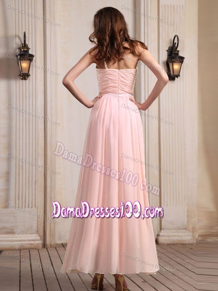 One Shoulder Ankle-length Dama Dress in Baby Pink with Flower