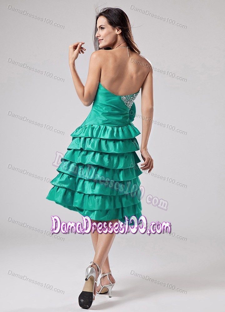 Sweetheart Dama Dress in Turquoise with Ruffled-layers and Flower