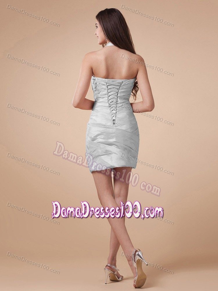 Hot Sale Halter Short Ruched Dama Dress For Quinceaneras in Grey