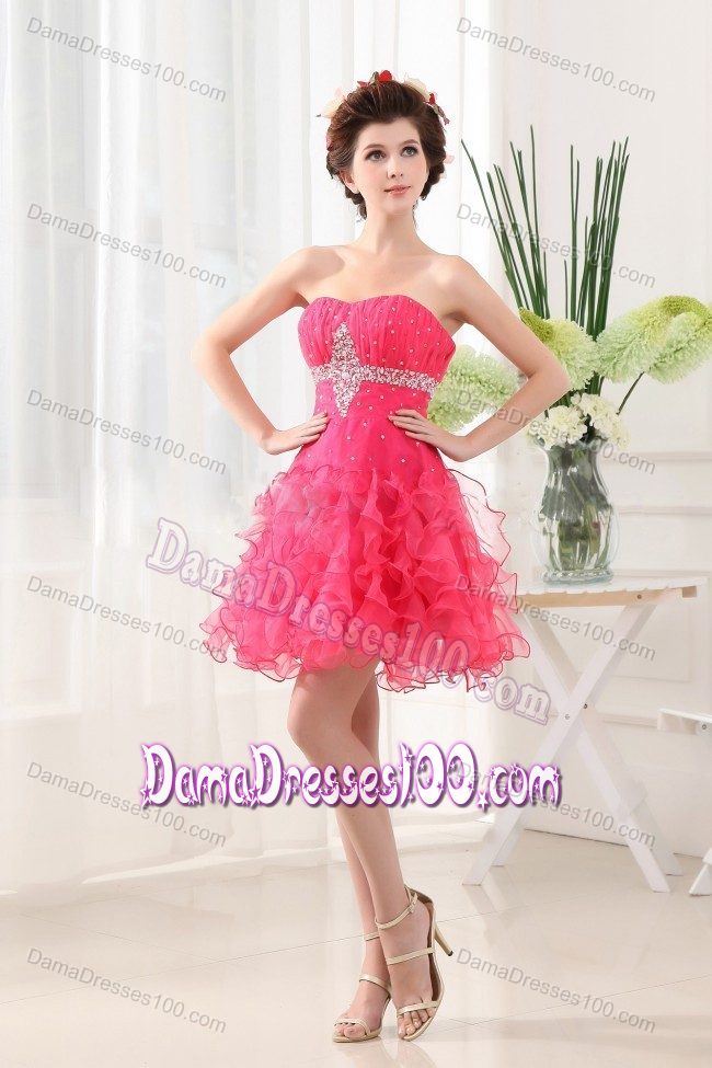 Short Beaded Hot Pink Dama Dresses with Ruffled Layers