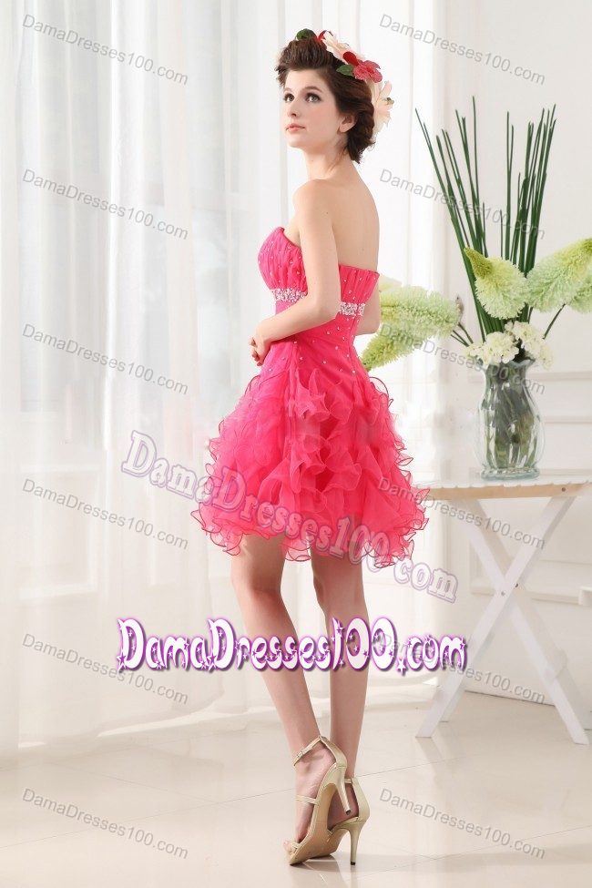 Strapless Short Beaded Hot Pink Dama Dresses with Ruffled Layers