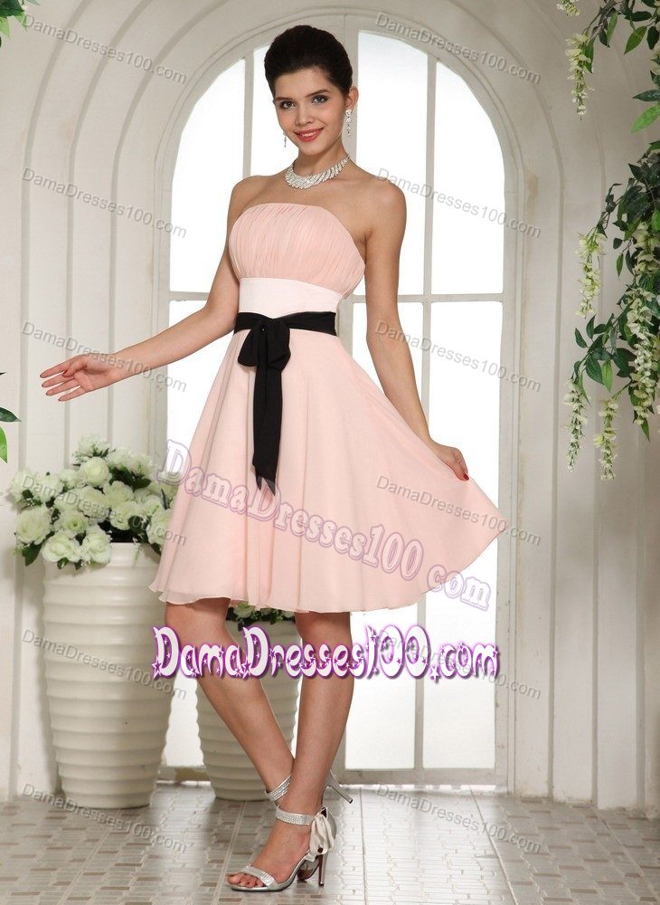 Strapless Knee-length Ruched Dama Dress in Baby Pink with Sash