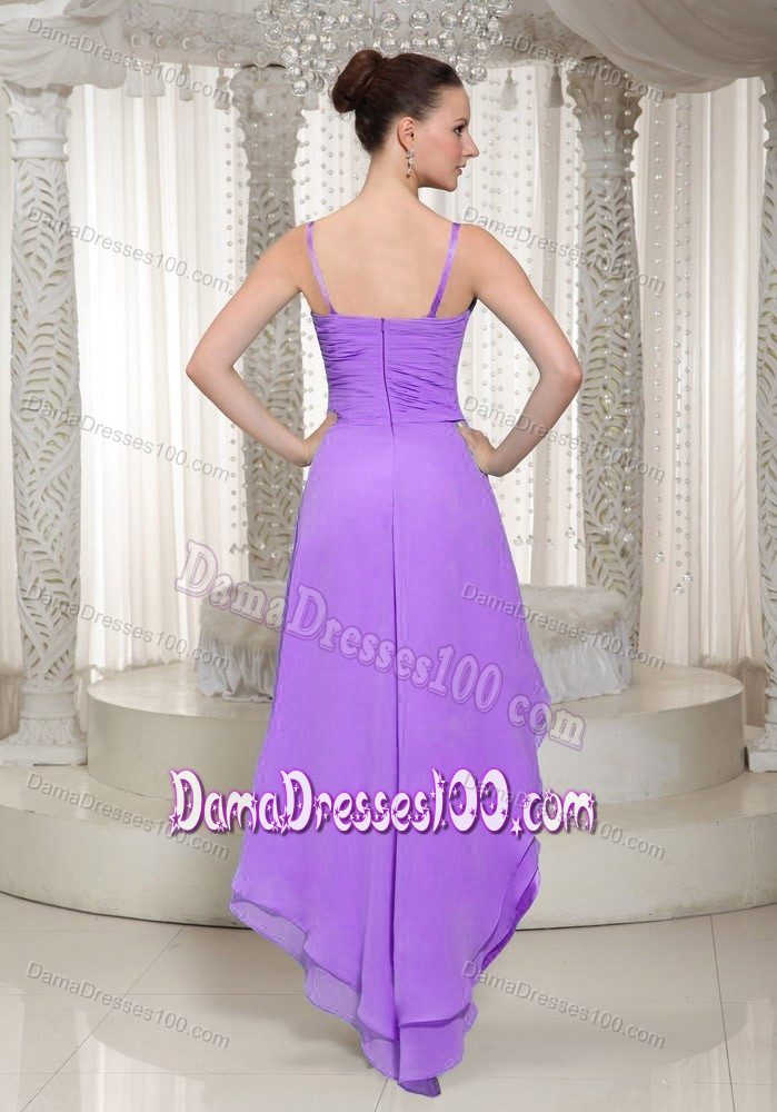 Spaghetti Straps High-low Beaded Lavender Dama Dress with Ruche