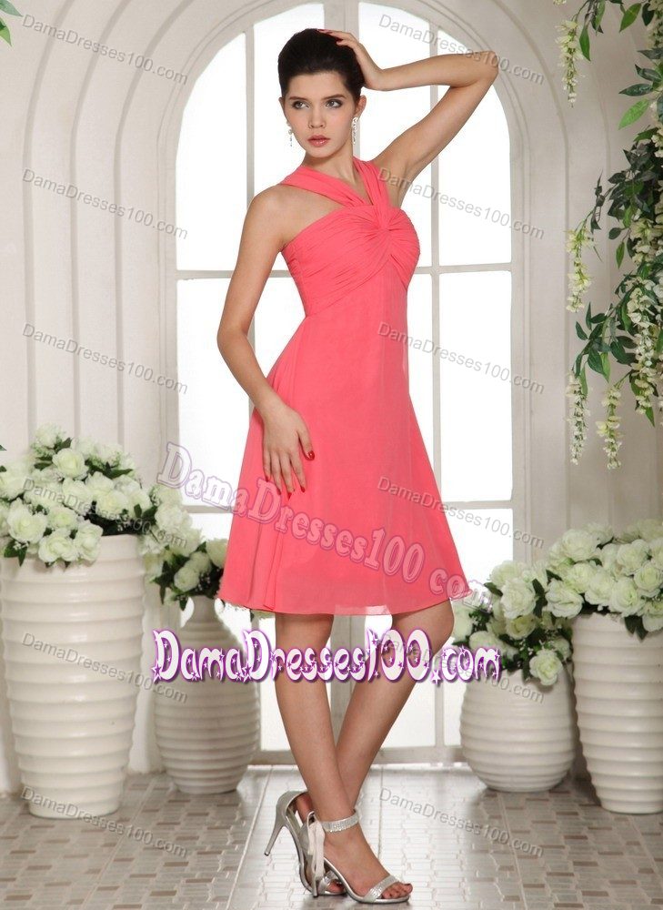 V-neck Knee-length Ruched Watermelon Bridesmaid Dama Dresses
