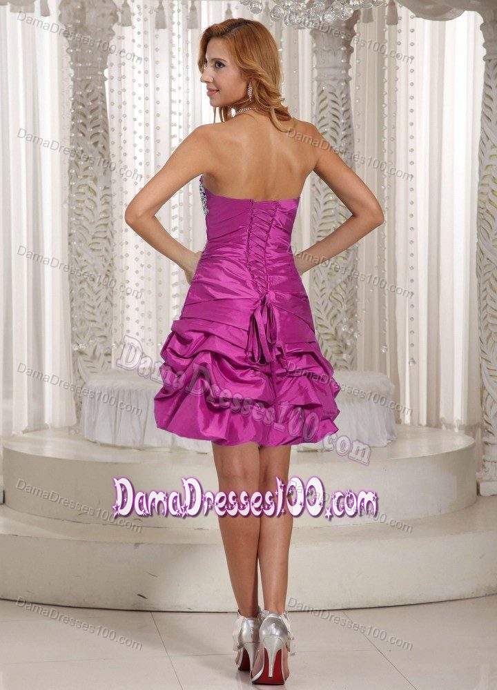 Strapless Short Beaded Fuchsia Dresses For Damas with Pick-ups