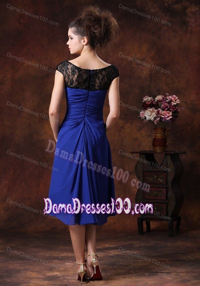 Elegant Straps Tea-length Ruched Navy Blue Quince Dama Dresses