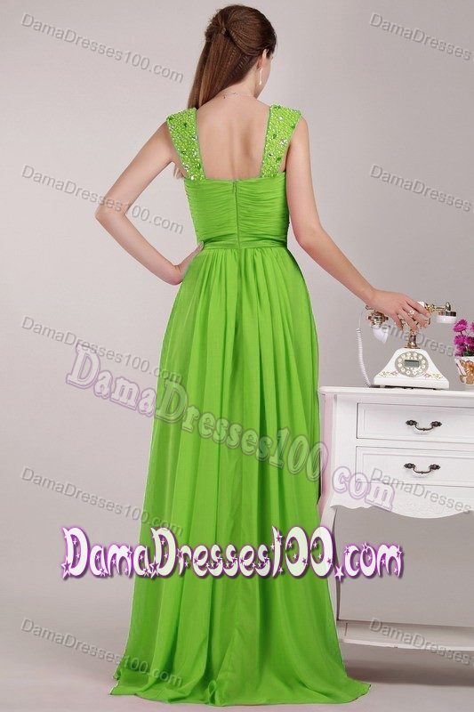 Straps Floor-length Beaded 15 Dresses For Damas in Spring Green